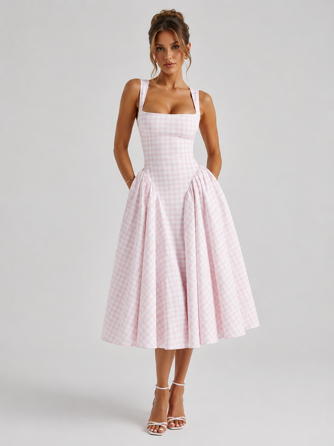 Verity | Sculpted Waist Full Skirt Gingham Midi Dress