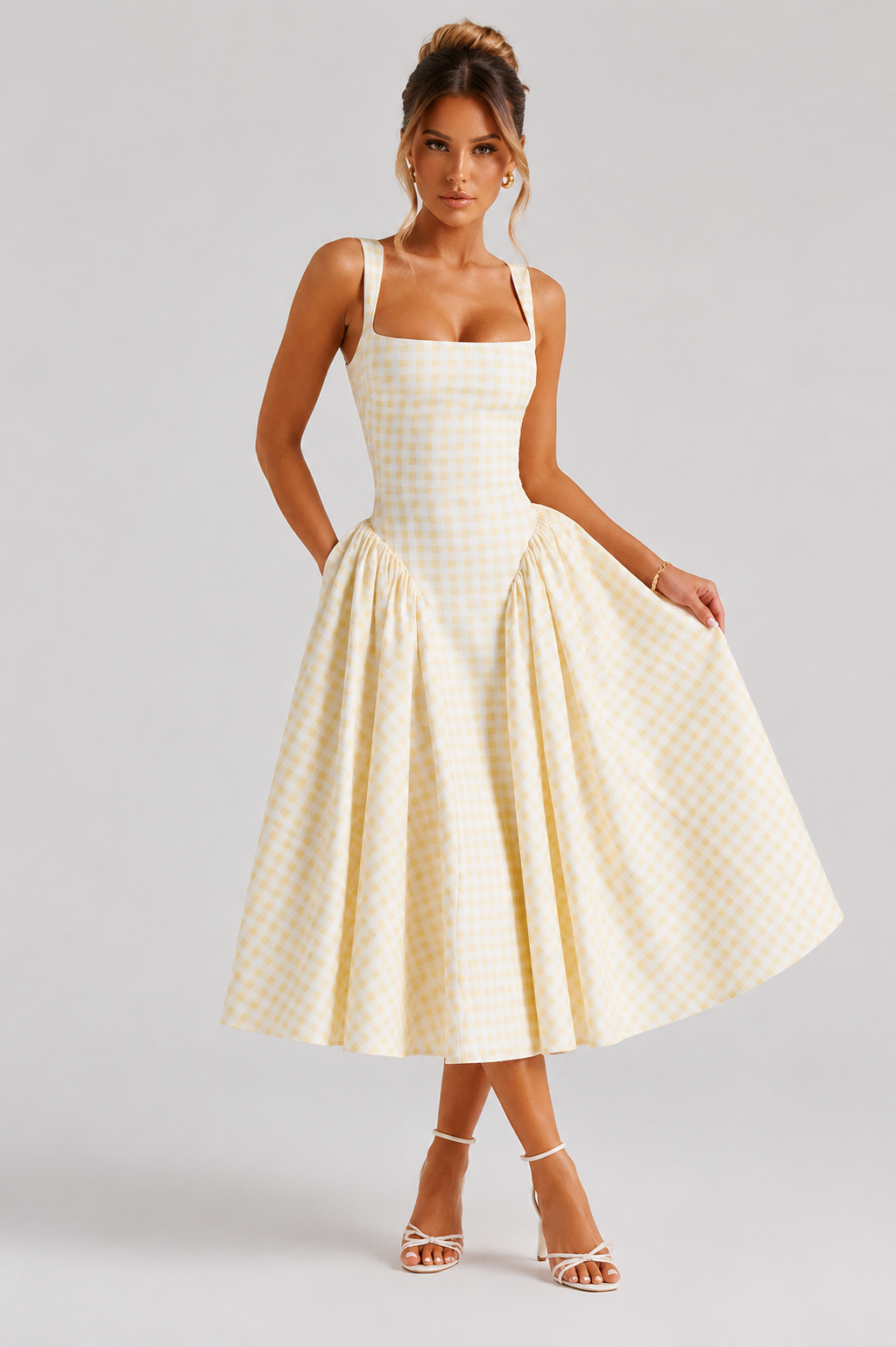 Verity | Sculpted Waist Full Skirt Gingham Midi Dress