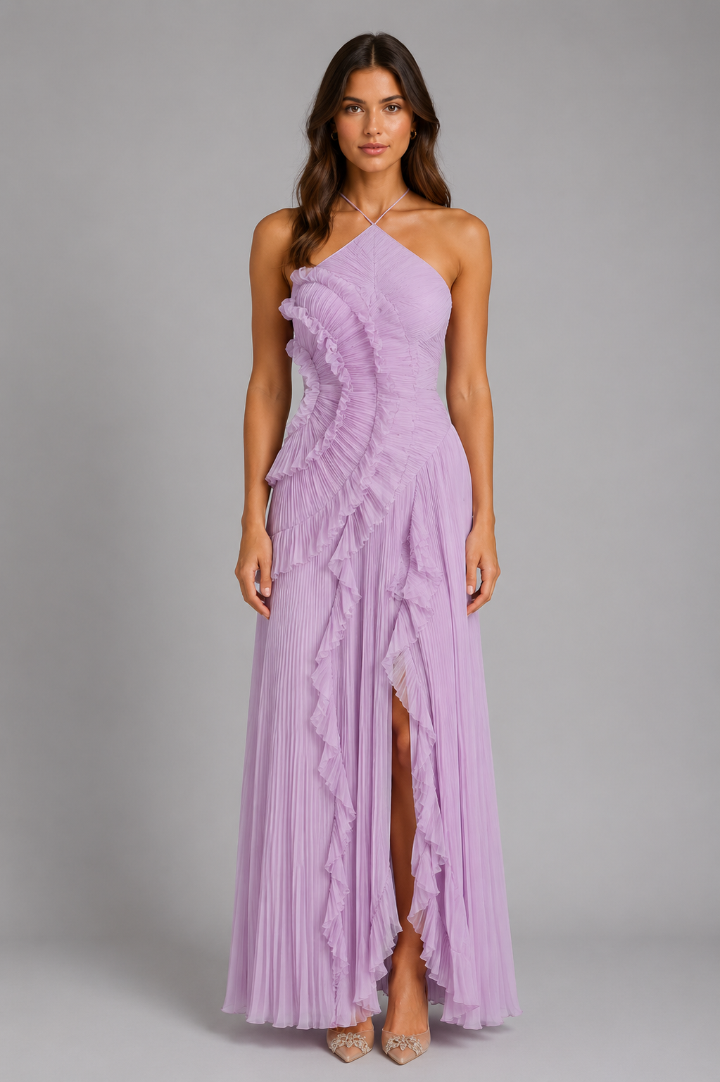 Tessa | Pleated Ruffle Halter Maxi Dress