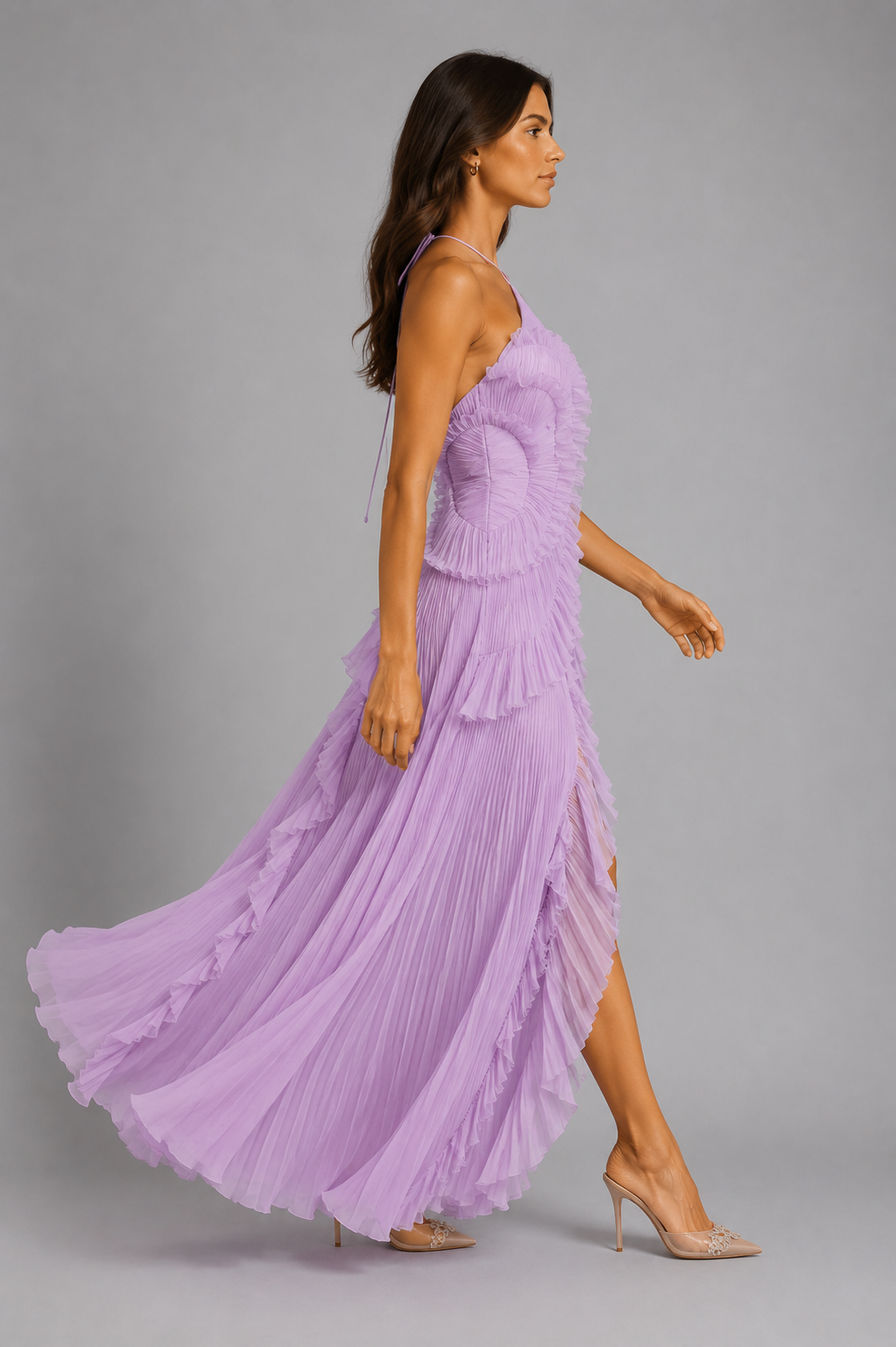 Tessa | Pleated Ruffle Halter Maxi Dress