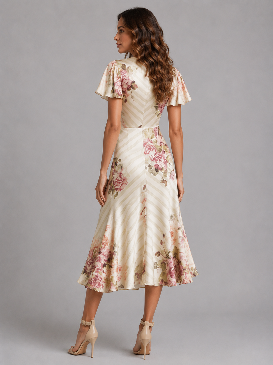Edda | Ruched Waist Floral Satin Feel Midi Dress