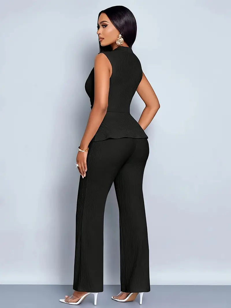 Clovaine | V-Neck Peplum Top & Wide Leg Trousers Set