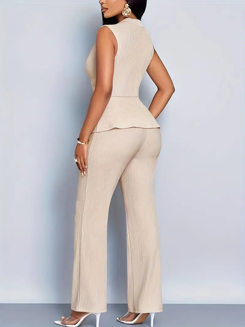 Clovaine | V-Neck Peplum Top & Wide Leg Trousers Set