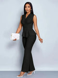 Clovaine | V-Neck Peplum Top & Wide Leg Trousers Set