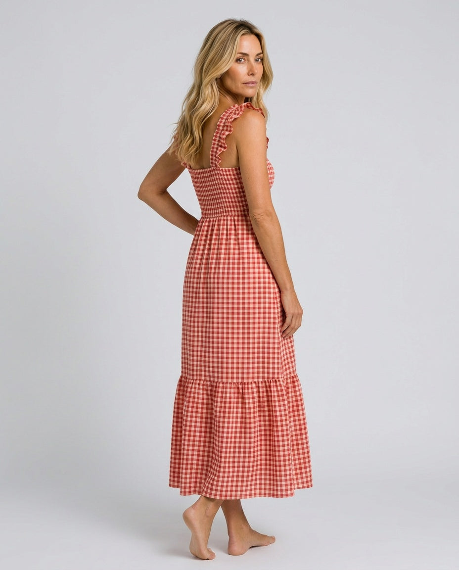 Ximena | Flutter Sleeve Smocked Gingham Maxi Dress