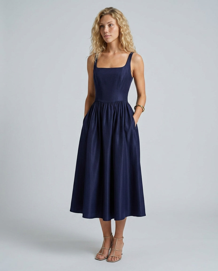 Clea | Spaghetti Strap A-Line Slip Midi Dress
