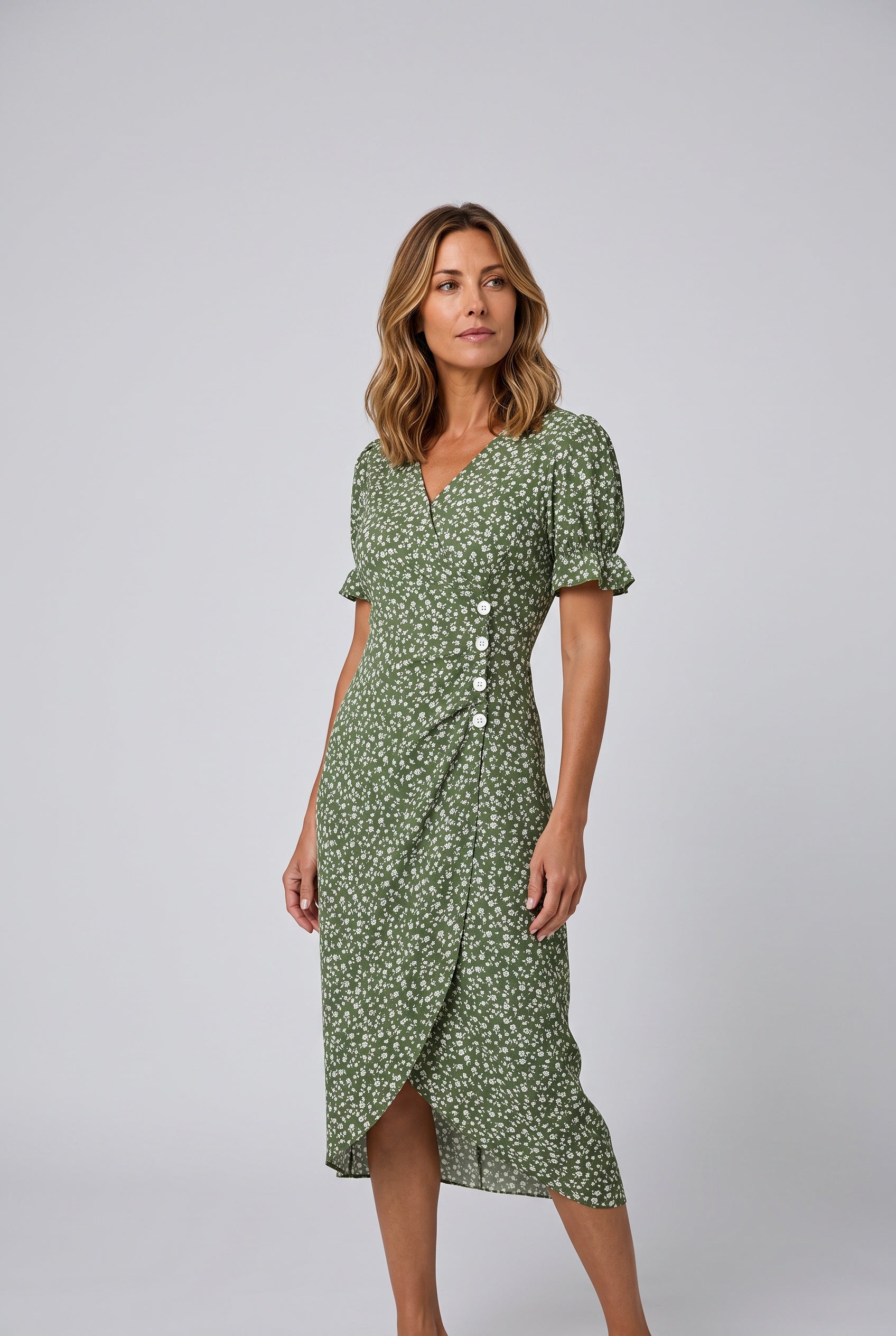 Greta | V-Neck Wrap Short Sleeve Midi Dress