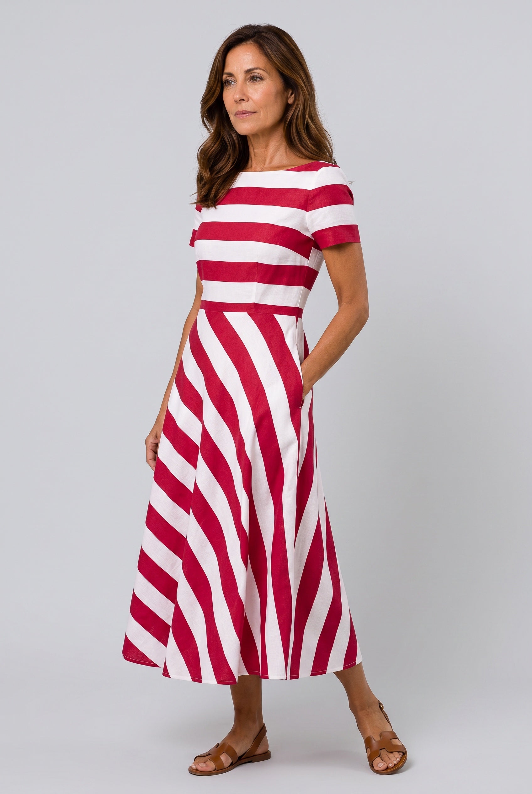 Freya | Striped Asymmetrical Short Sleeve Midi Dress