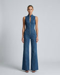 Demi | Sleeveless High-Neck Flared Denim Jumpsuit