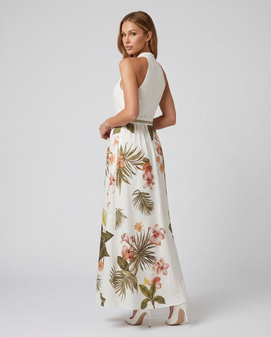 Meadow | Draped Halter Botanical Panel Maxi Dress