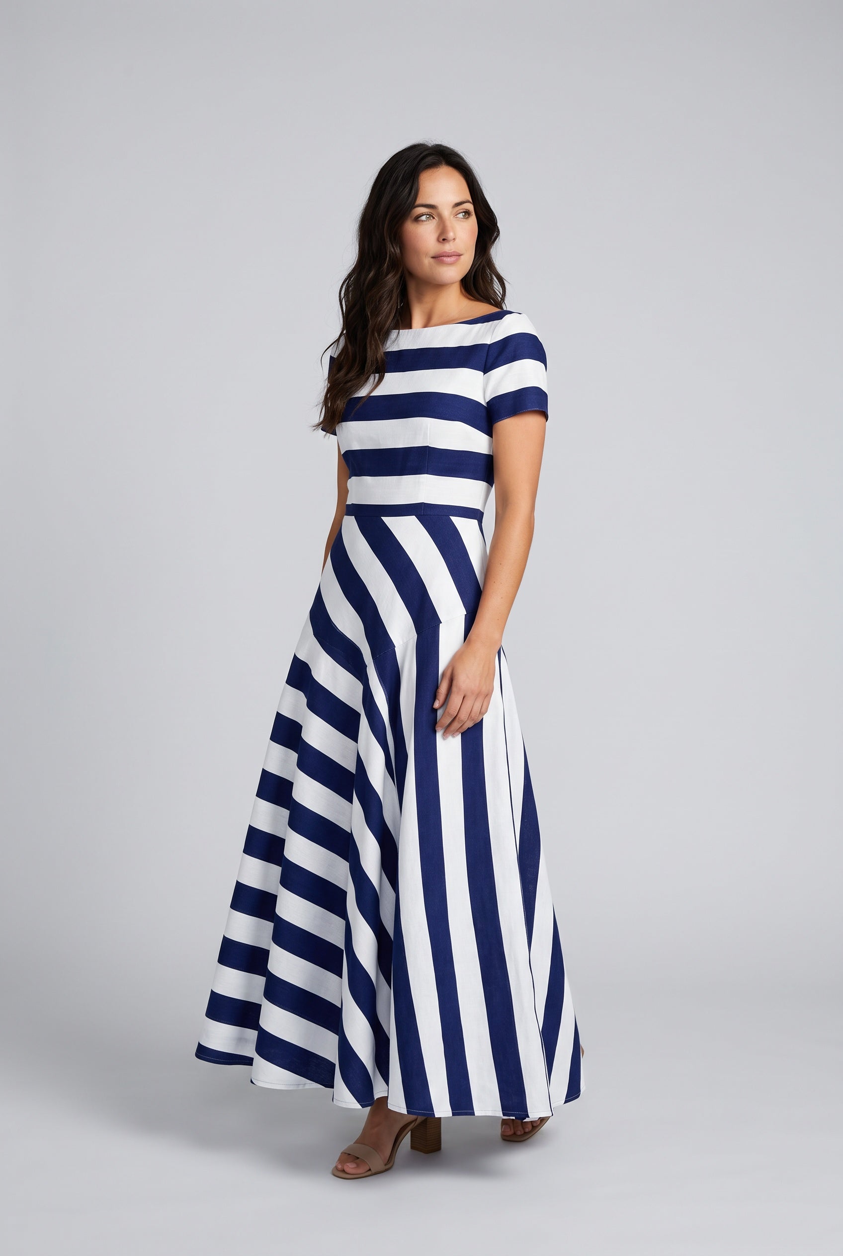 Freya | Striped Asymmetrical Short Sleeve Midi Dress
