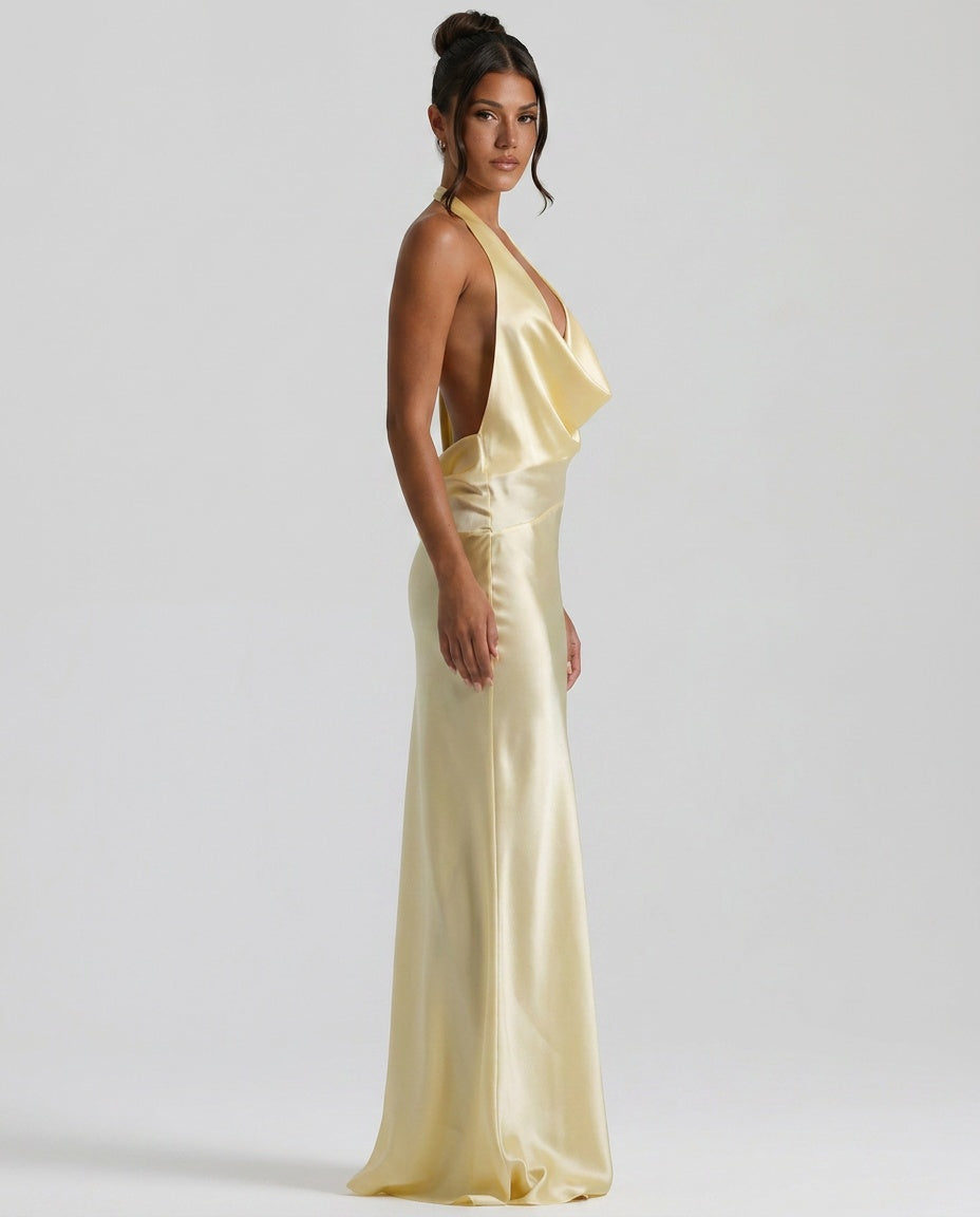 Rosine | Satin-Look Tie-Up Collar Maxi Dress