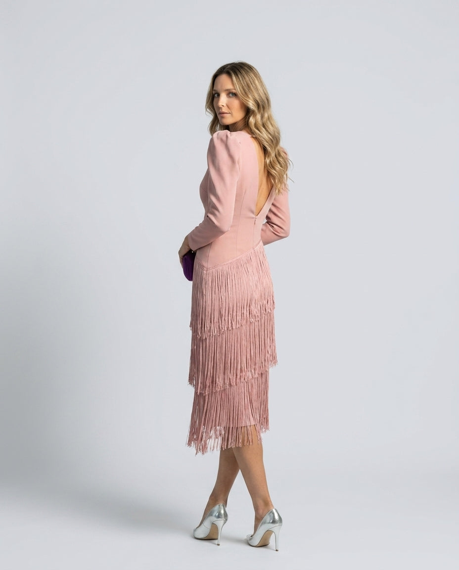 Brigitte | Fringe V-Neck Long Sleeve Midi Dress