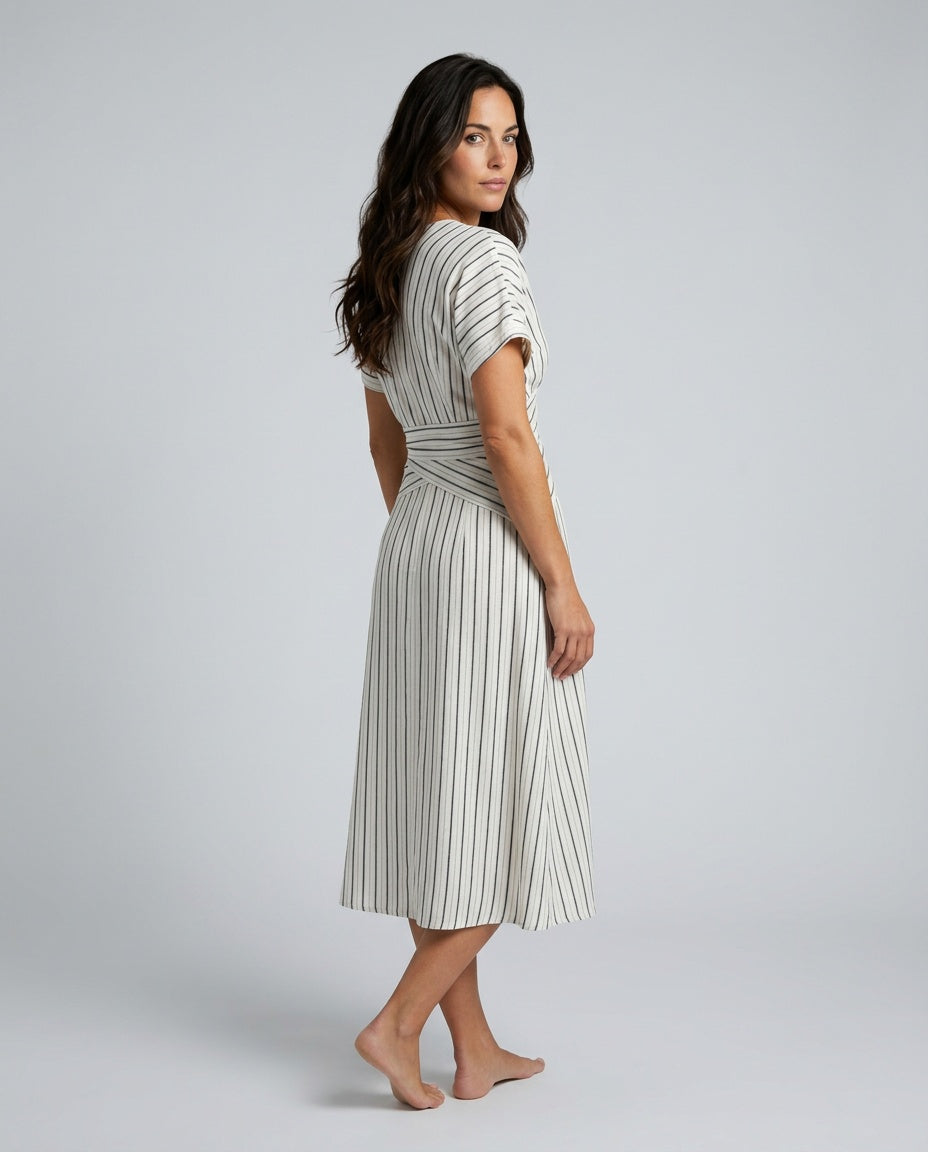 Valentina | V-Neck Cross Waist Striped Midi Dress