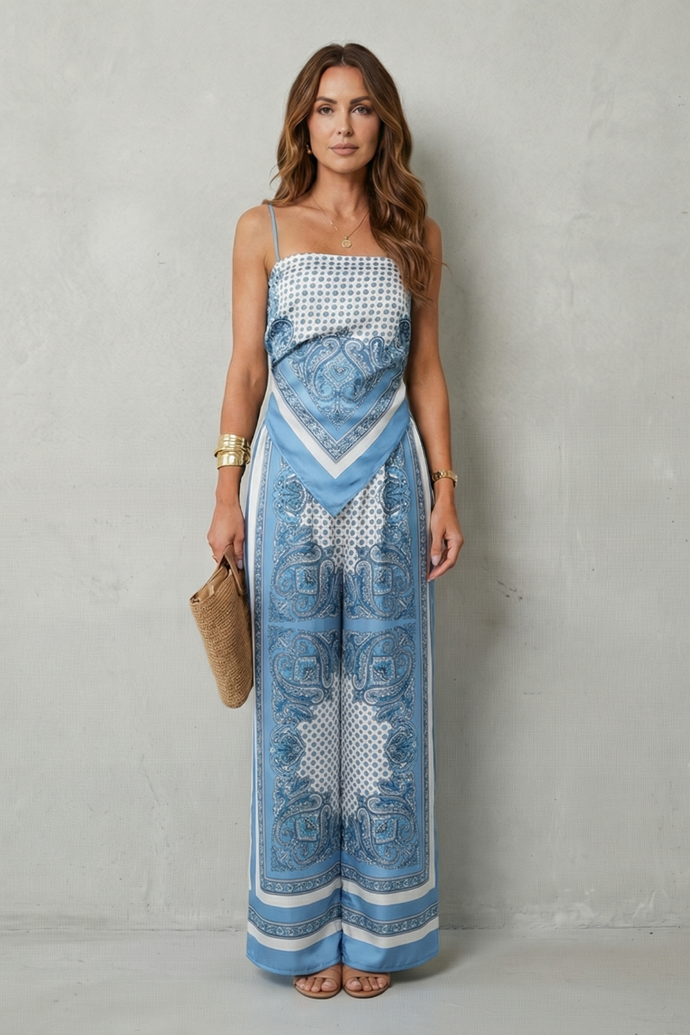 Zafloria | Ornate Print Sleeveless Wide-Leg Two-Piece Set
