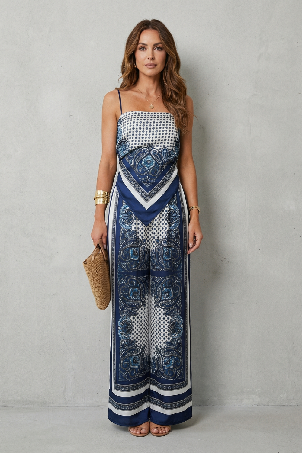 Zafloria | Ornate Print Sleeveless Wide-Leg Two-Piece Set