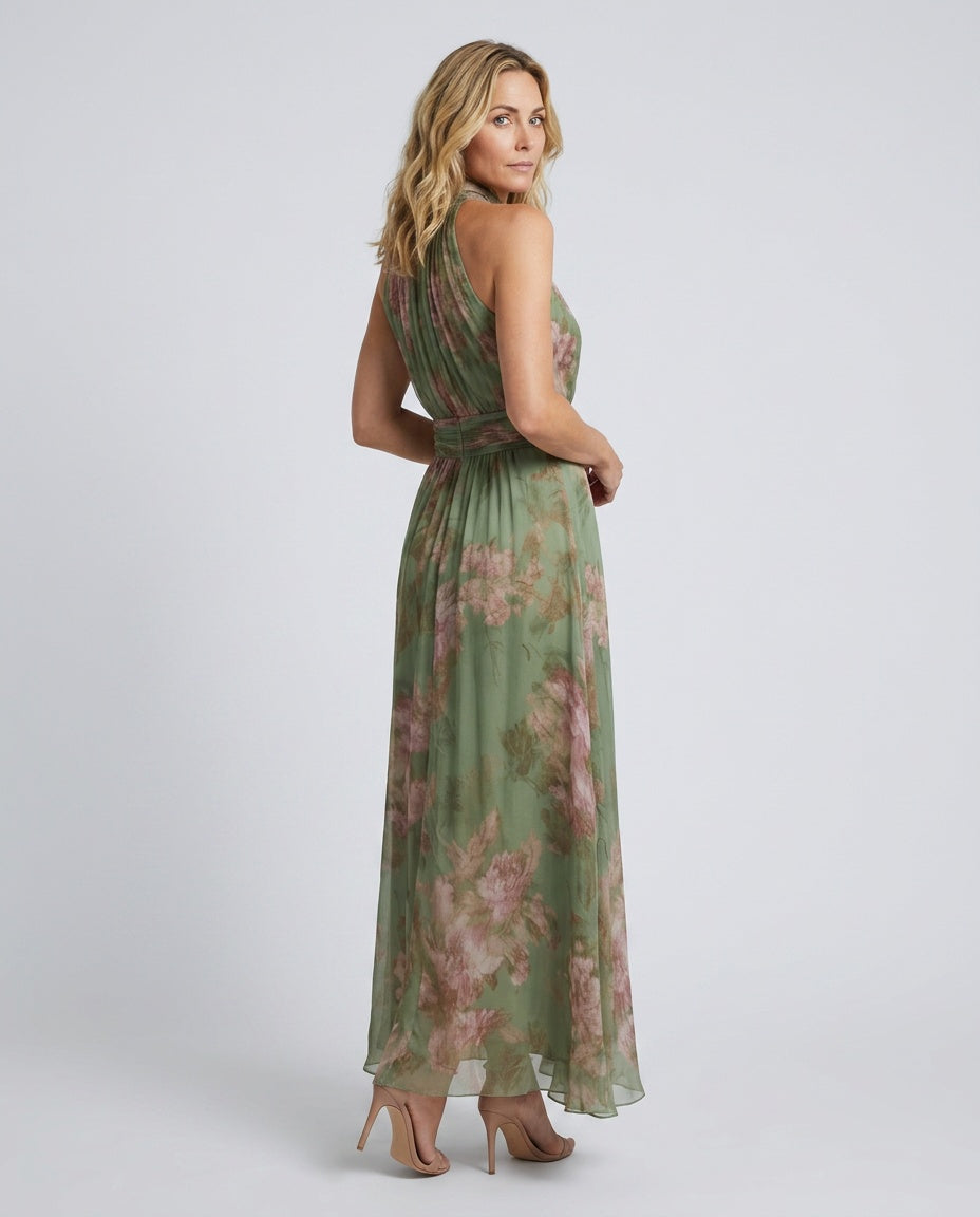 Kira | Pleated Halter Neck Multicolour Midi Dress