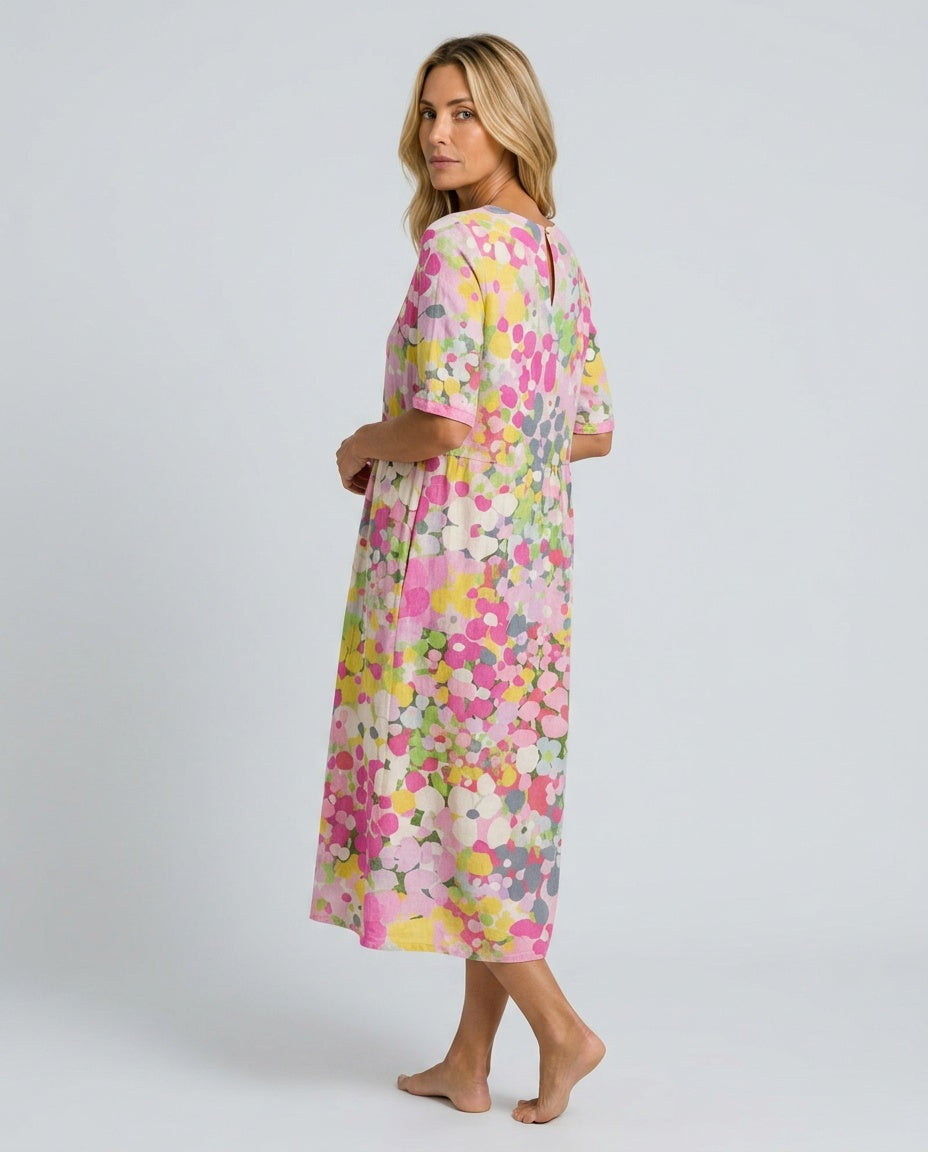 Valentina | Abstract Floral Cotton-Linen Midi Dress