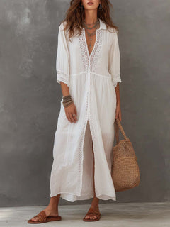 FLORA — Lace-Trim Linen Shirt Midi Dress