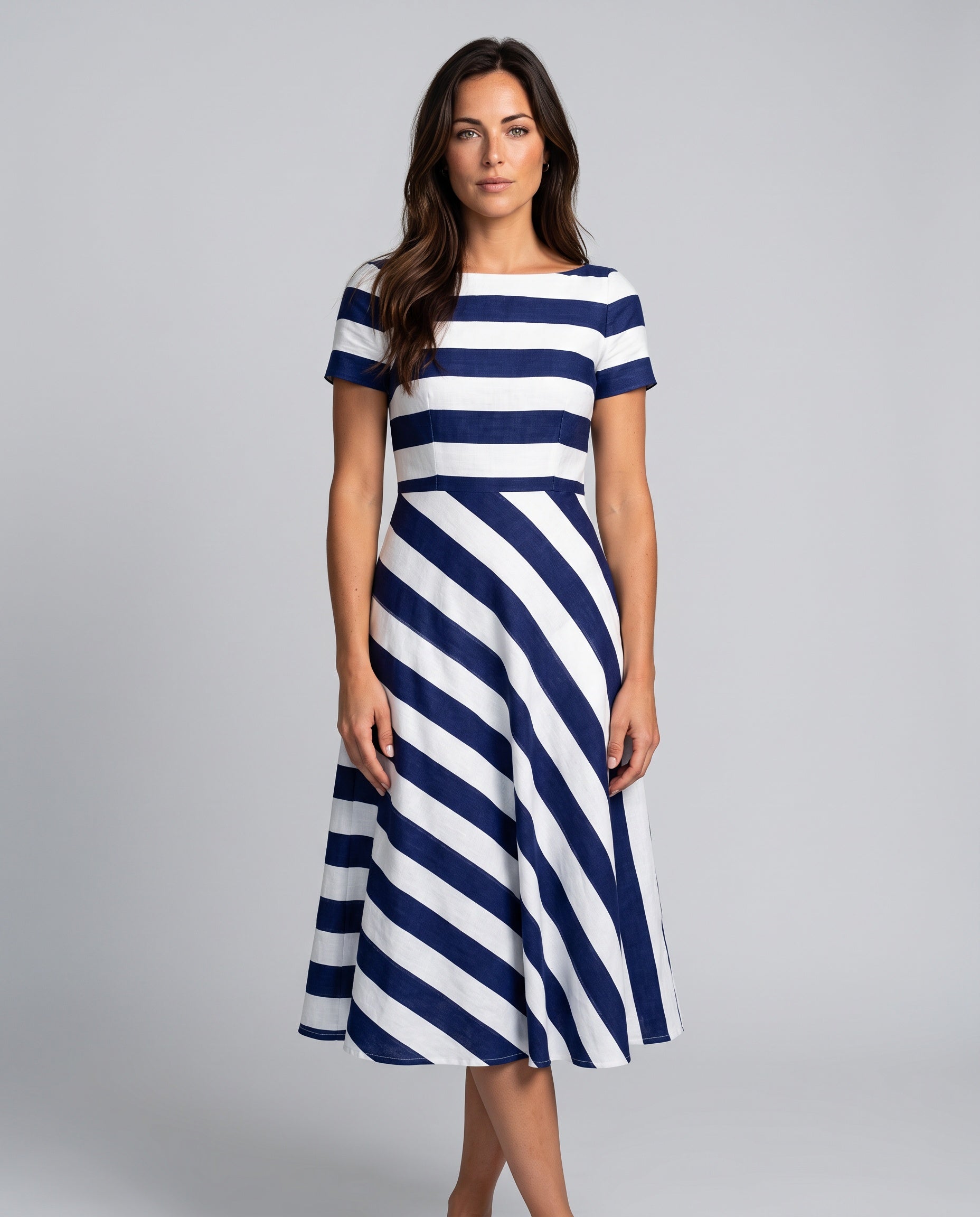 Freya | Striped Asymmetrical Short Sleeve Midi Dress