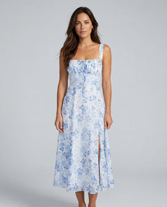 Rhea | Floral Ruched Square Neck Midi Dress
