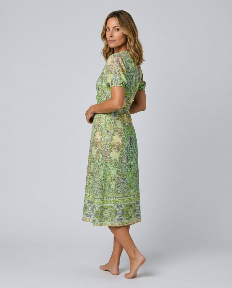 Maeve | Printed V-Neck Short Sleeve Midi Dress