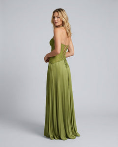 Faye | Pleated Corset Green Satin Maxi Dress