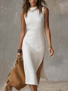 SADIE — Stand Collar Split-Hem Linen Midi Dress