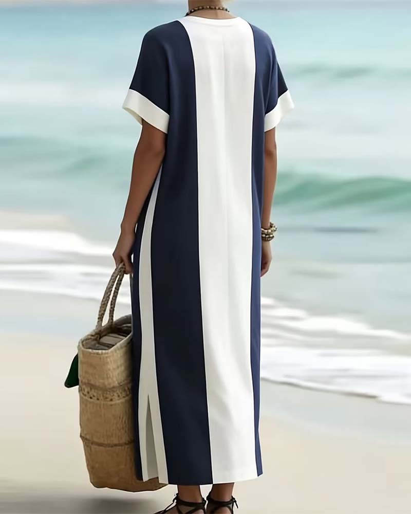 Aubrey | Vertical Stripe Side Split Midi Dress