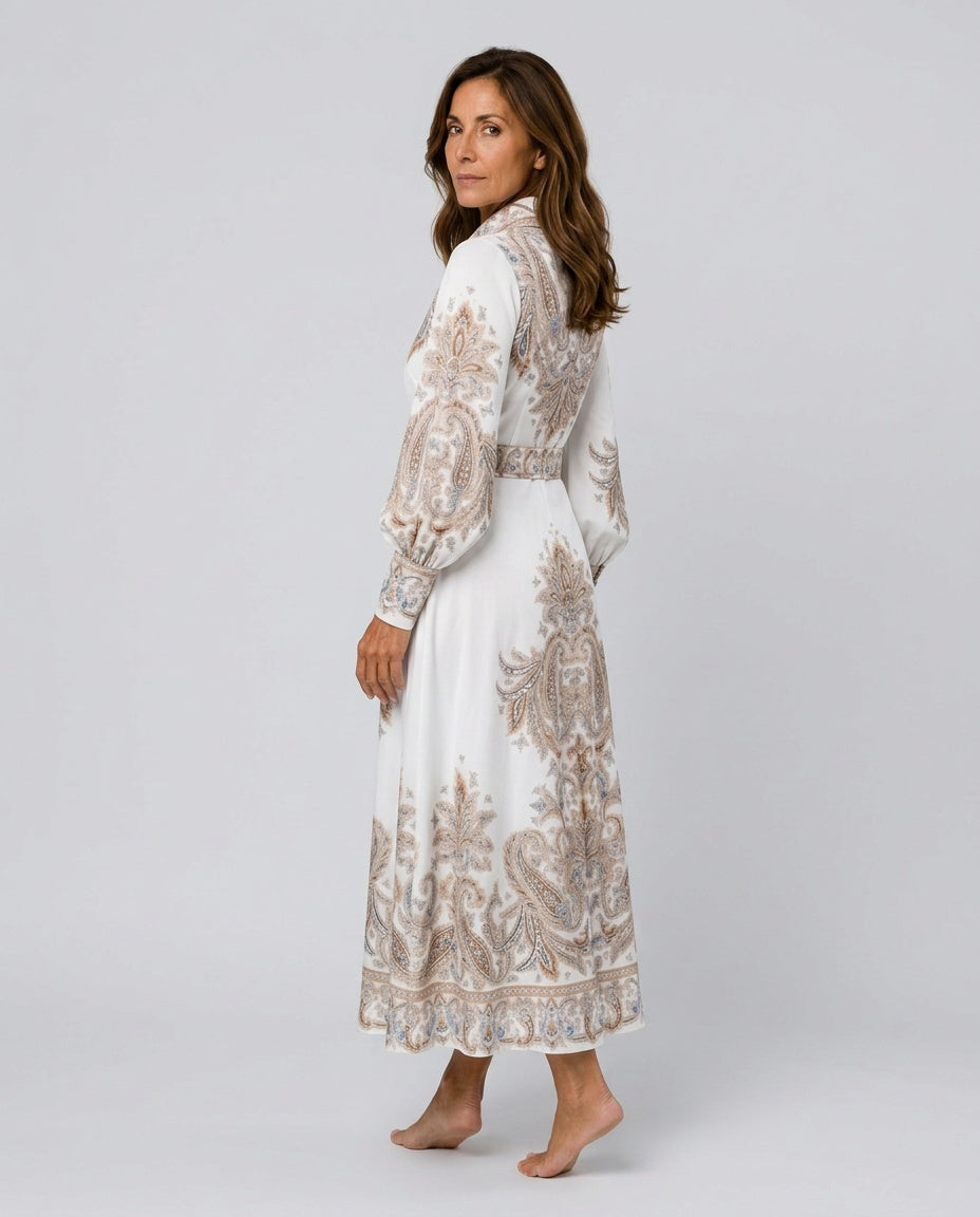 Ellie | Belted Paisley Embroidered Abaya Maxi Dress