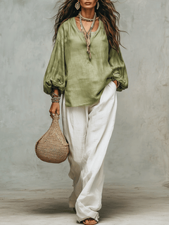 EDIE — Sage Blouse & White Trousers Set