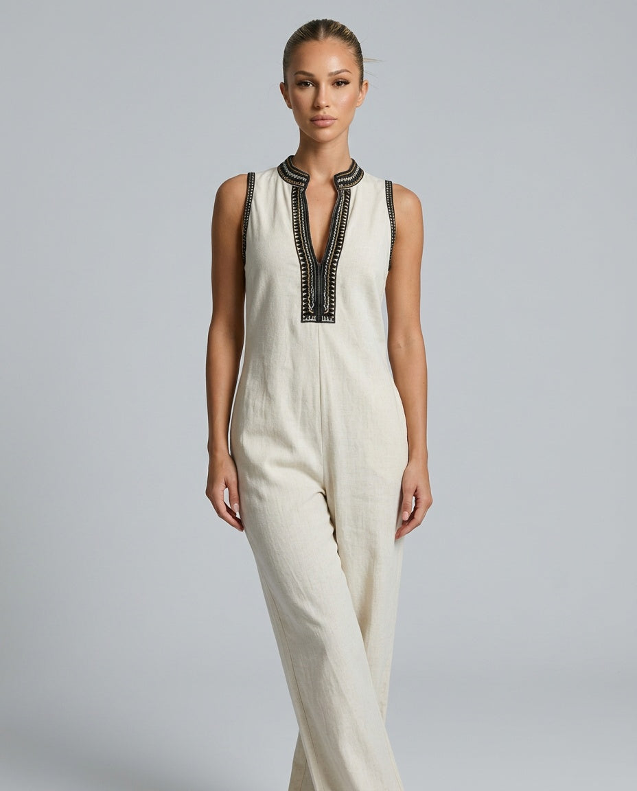 Harlow | Linen Blend Sleeveless Jumpsuit With Embroidery