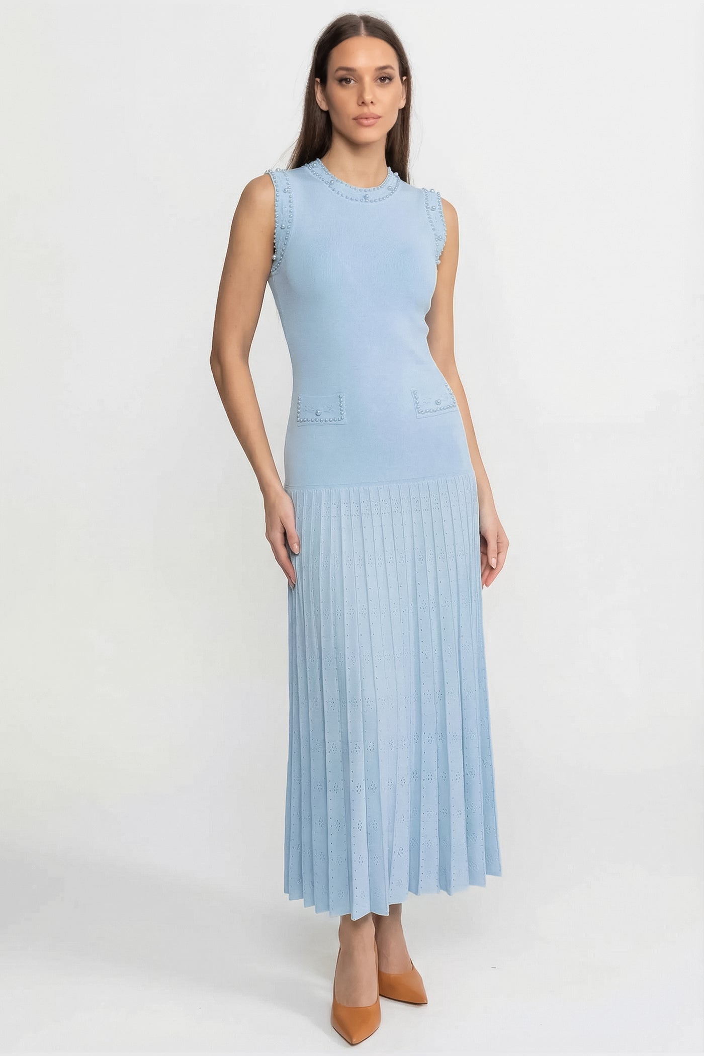 Noor | Pearl Embellished Knit Sleeveless Midi Dress