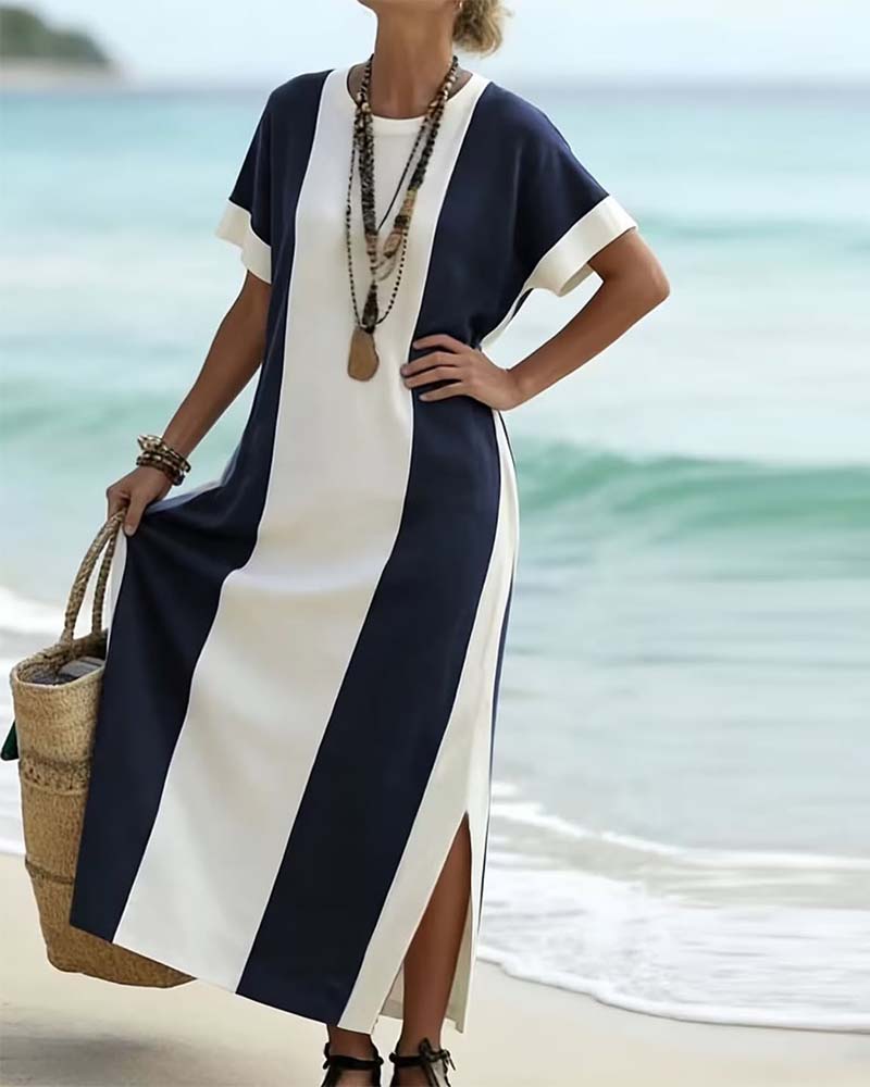 Aubrey | Vertical Stripe Side Split Midi Dress