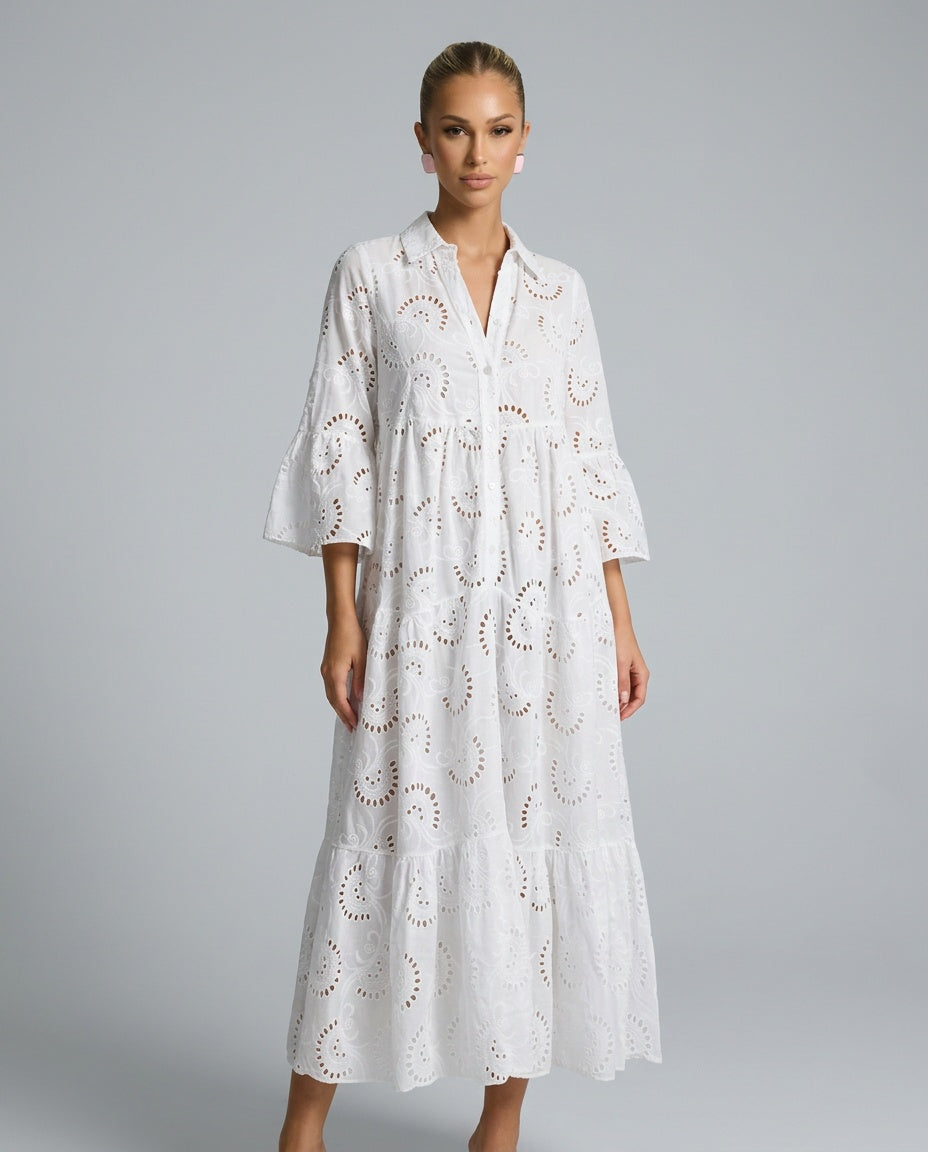 Amara | Openwork V-Neck 3/4 Sleeve Maxi Dress