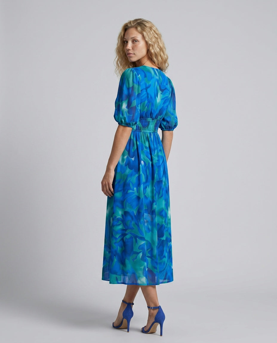 Coralie | Puff Sleeve V-Neck Abstract Print Midi Dress