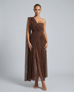 Marlowe | One-Shoulder Gathered Mesh Midi Dress