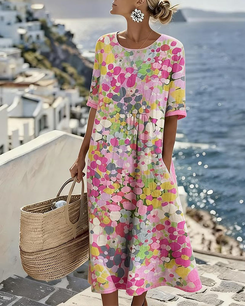 Valentina | Abstract Floral Cotton-Linen Midi Dress
