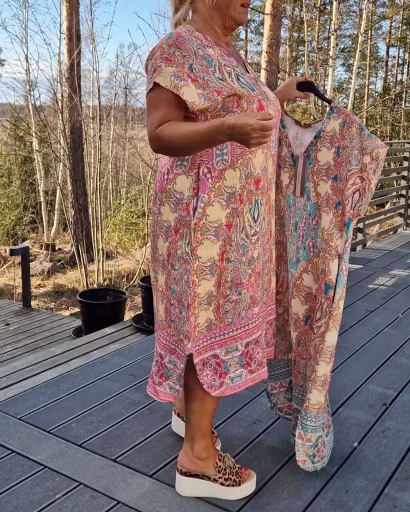 Maeve | Printed V-Neck Short Sleeve Midi Dress