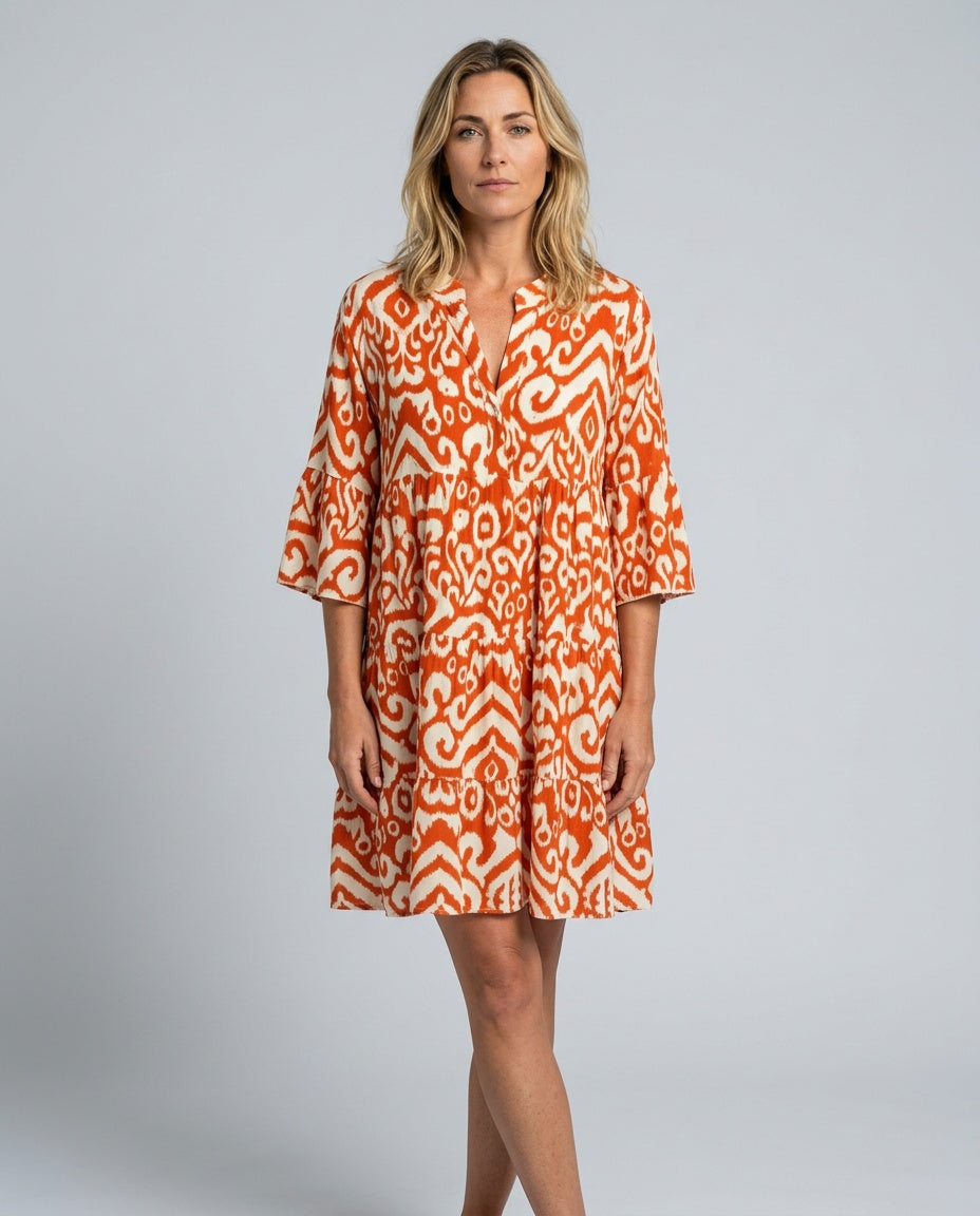 Noor | Printed V-Neck 3/4 Sleeve Midi Dress