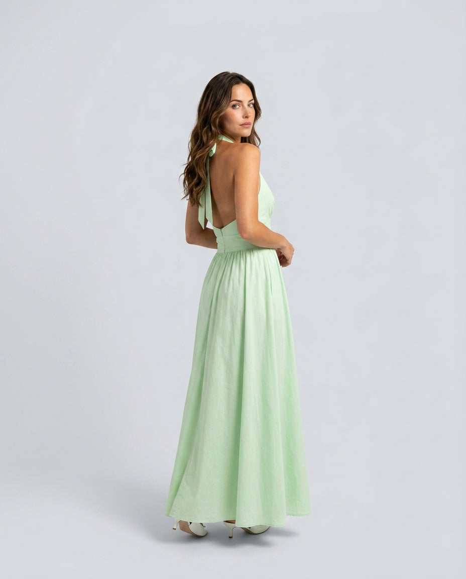 Salma | Halter V-Neck Gathered A-Line Maxi Dress