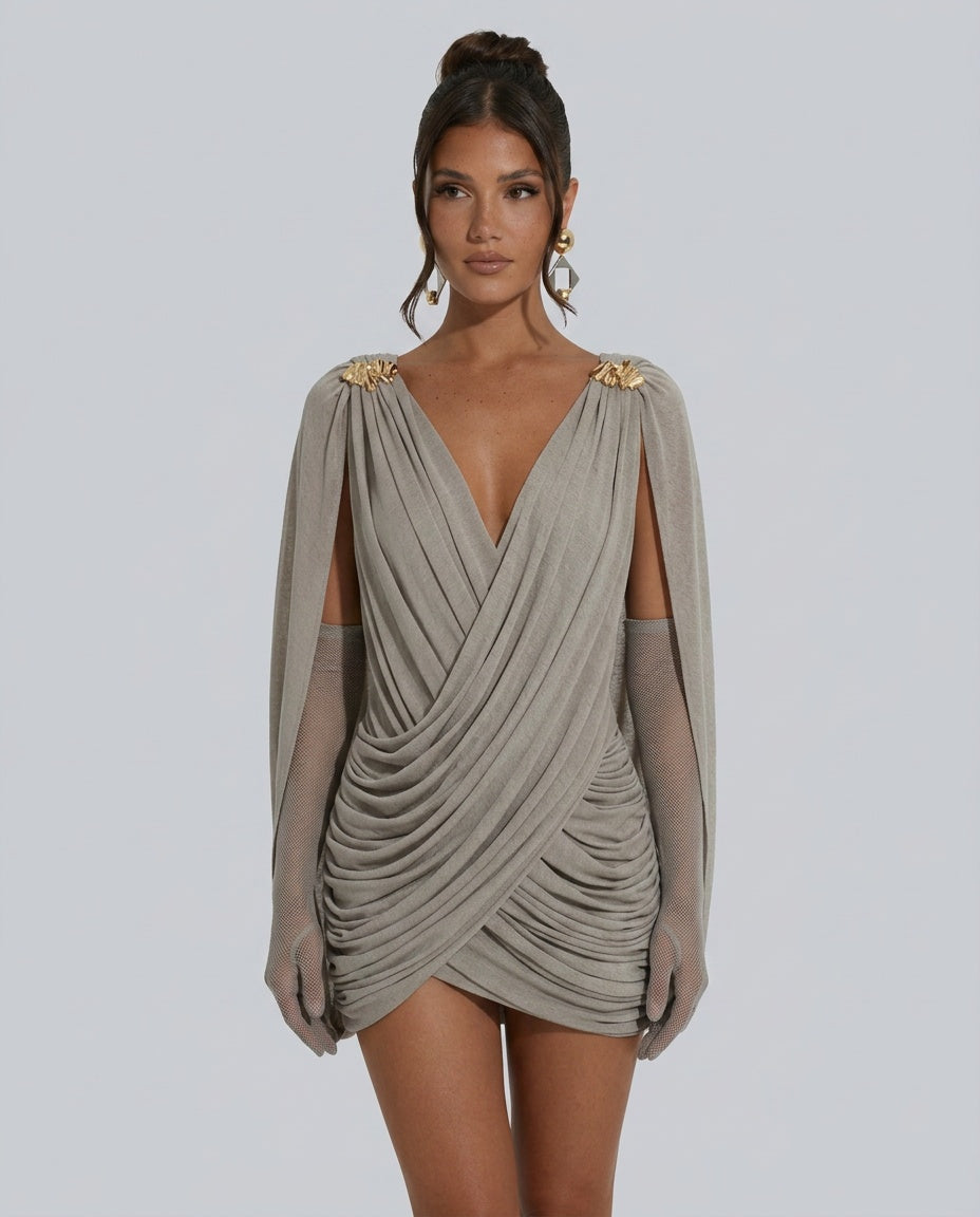 Veyla | Gathered Metal Detail Mini Dress with Gloves