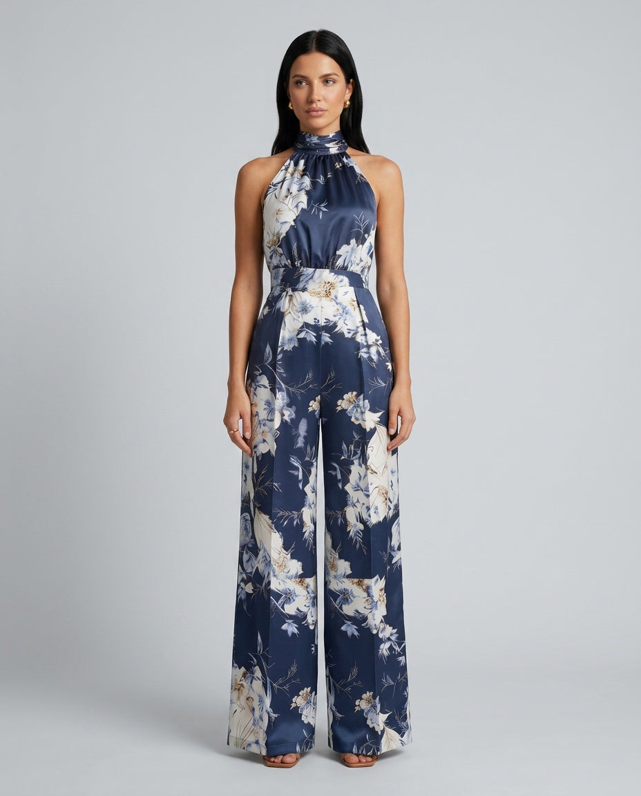 Selene | Floral Halter Neck Wide-Leg Jumpsuit