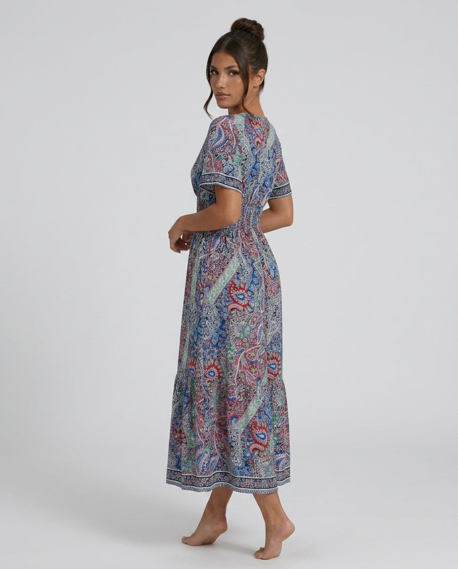 Marina | Bohemian Paisley Smocked V-Neck Maxi Dress