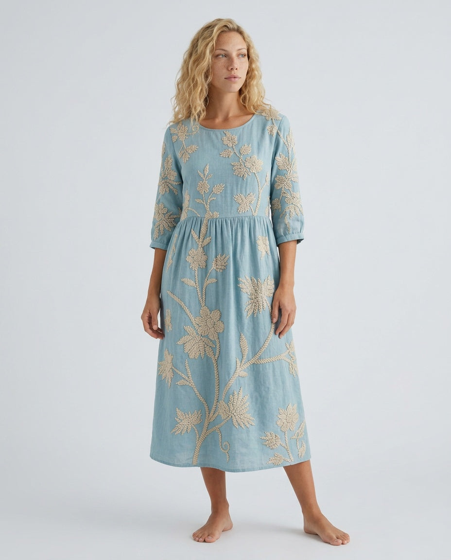Josie | Floral Linen-Look Round Neck Midi Dress
