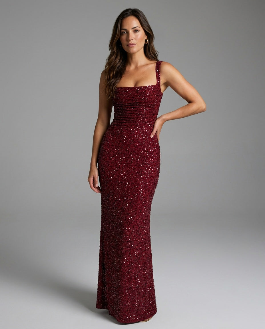Cleo | Sequin Tie-Up Square Neck Maxi Dress
