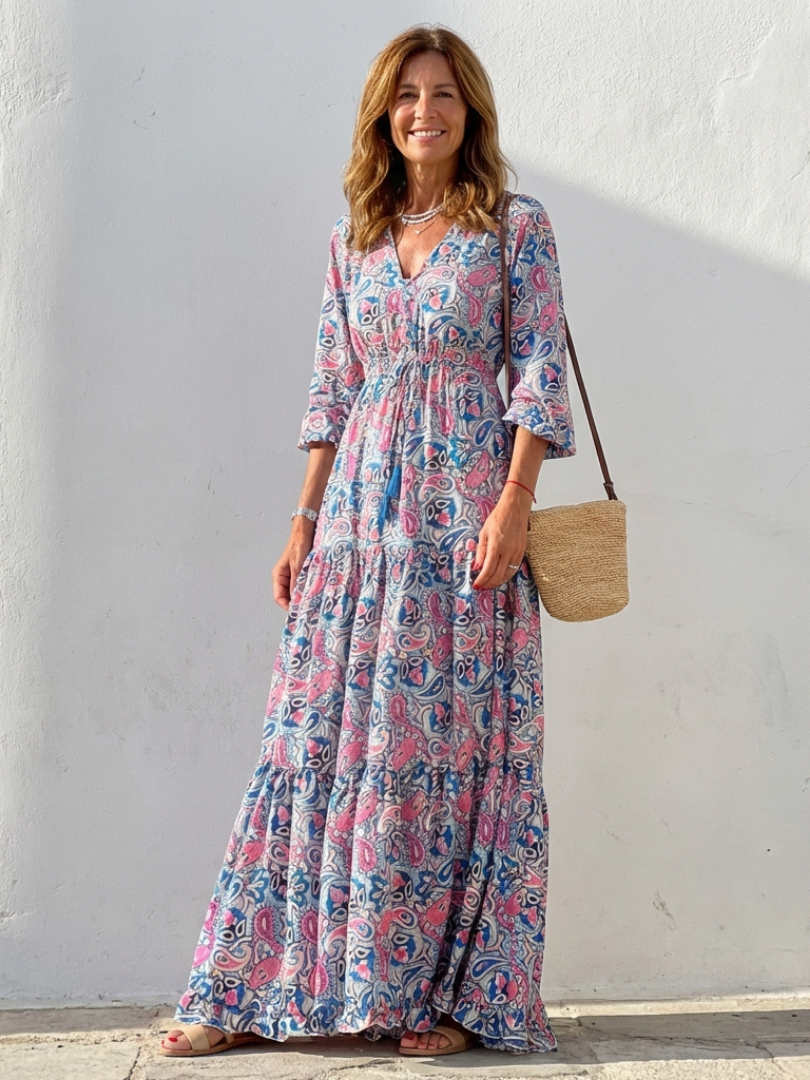 Nina | Long Sleeve V-Neck Bohemian Maxi Dress