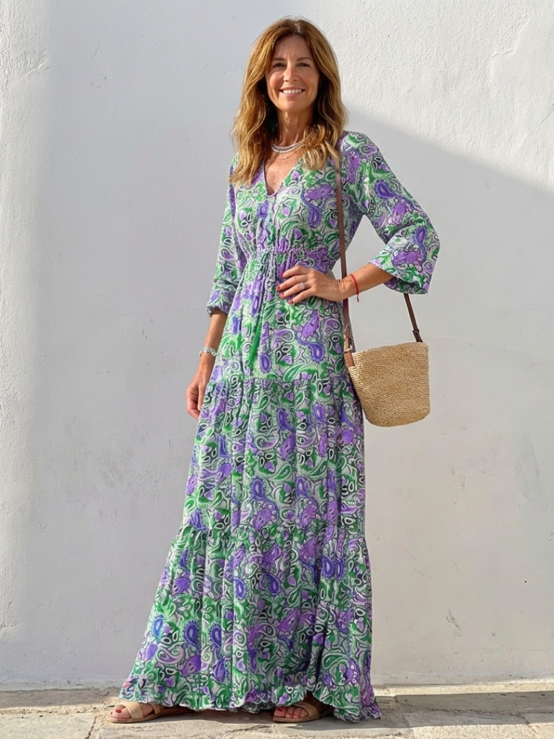 Nina | Long Sleeve V-Neck Bohemian Maxi Dress