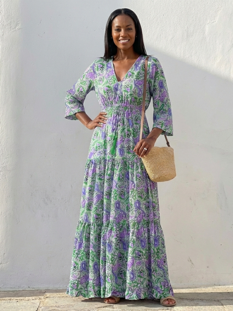 Nina | Long Sleeve V-Neck Bohemian Maxi Dress