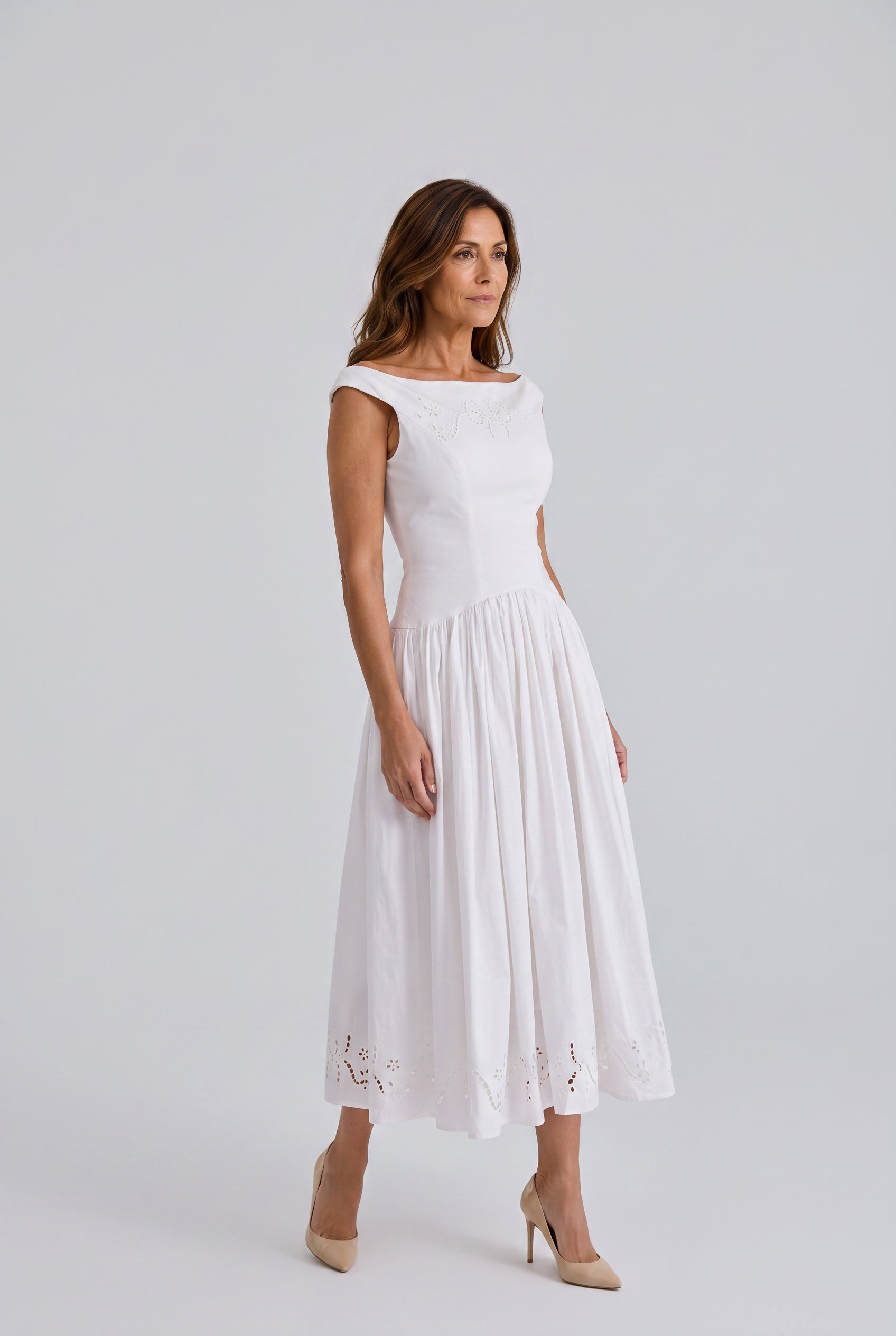 Sloane | Broderie Anglaise Off-Shoulder Midi Dress